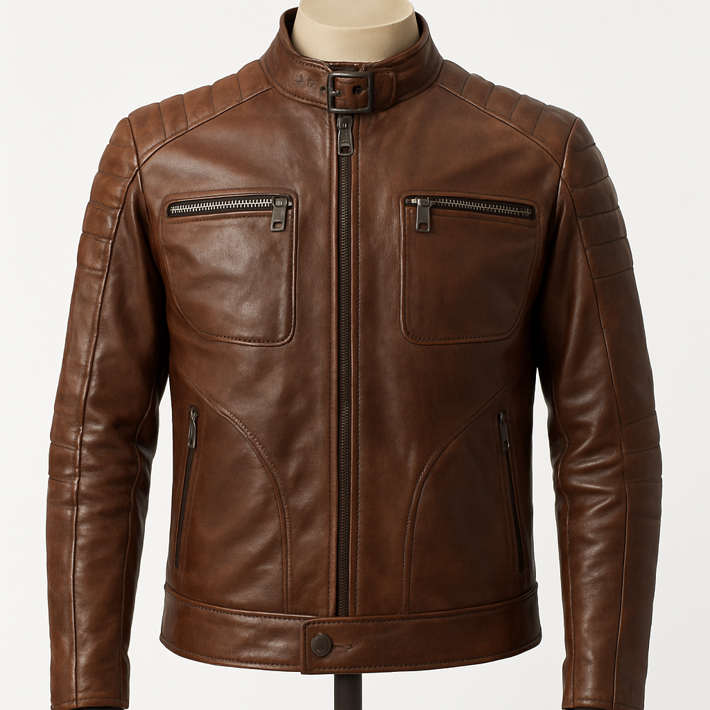Front view of IronRidge café racer jacket in rich brown leather.