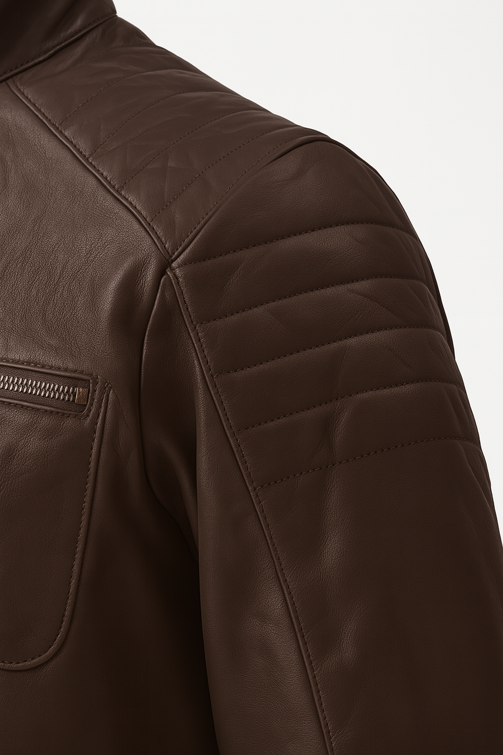 Close-up side view of IronRidge café racer jacket’s quilted shoulder detail.