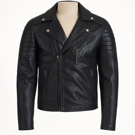 Front view of men’s black lambskin quilted leather biker jacket.