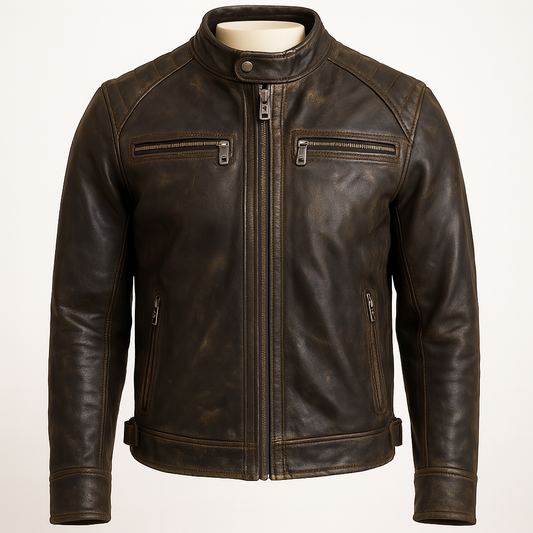 Front view of men’s black distressed leather moto jacket with snap collar.