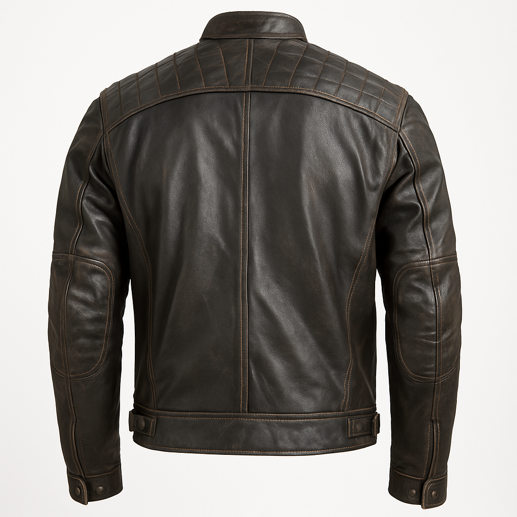 Back view of distressed black leather moto jacket with quilted shoulder detailing.