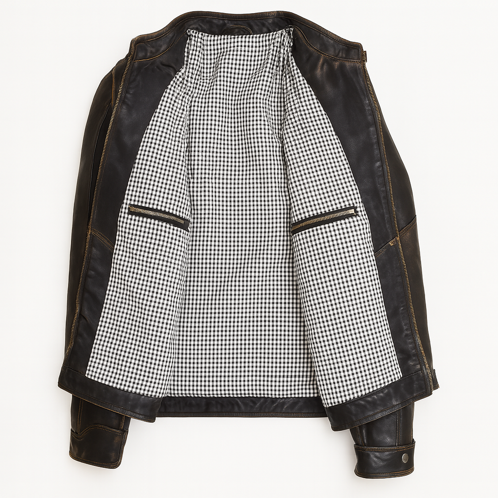 Open view of Ironhide Racer jacket showing checkered inner lining.