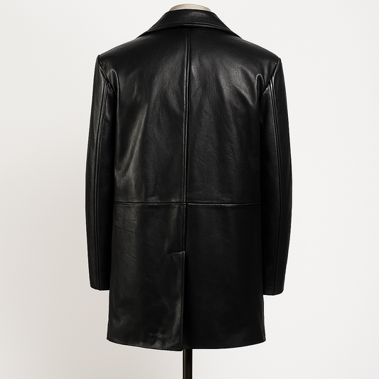 Back view of men’s black cowhide leather car coat with clean seam detailing.