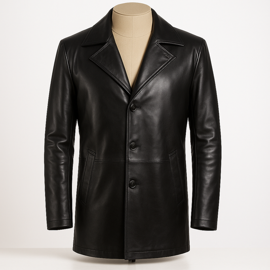 Men’s black cowhide leather car coat front view