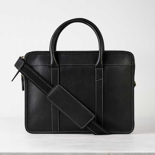 Black leather laptop briefcase with top handles and adjustable shoulder strap, featuring textured finish front view.