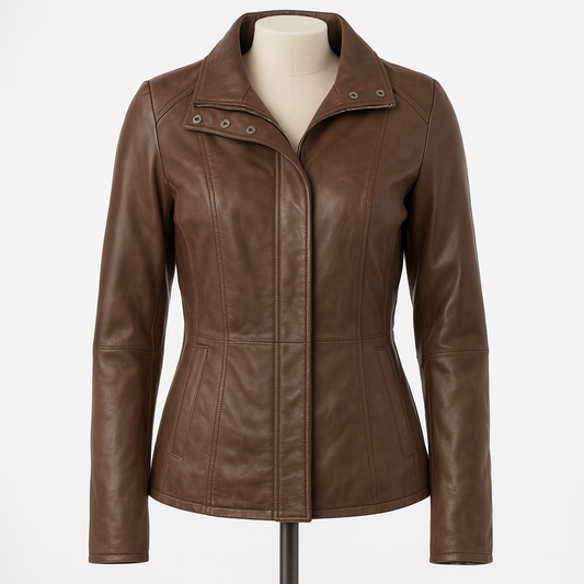 Madison Luxe women’s fitted leather moto jacket, front view in chocolate brown.