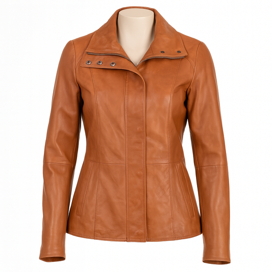Madison Luxe women’s lambskin moto jacket, front view in tan.