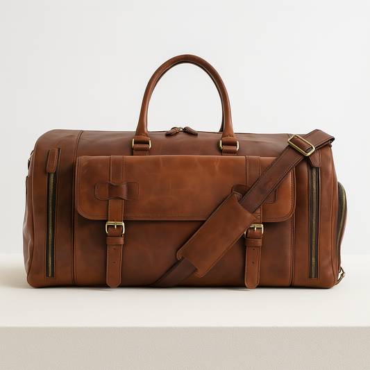 Front view of brown leather cowhide weekender duffle with shoulder strap