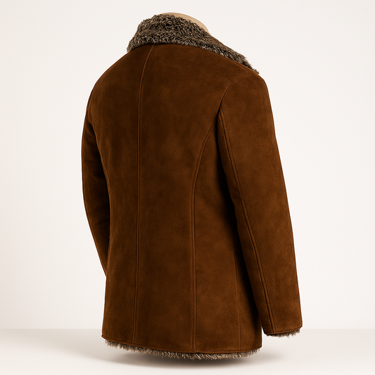 Back view of men's brown sheepskin shearling coat with fur lining and tailored seams.