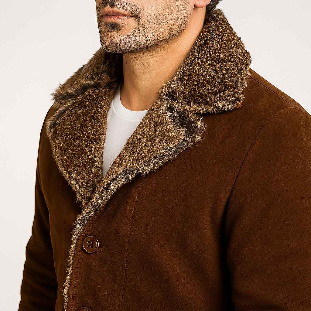 Close-up of men's brown sheepskin shearling coat showcasing textured fur collar and button closure.