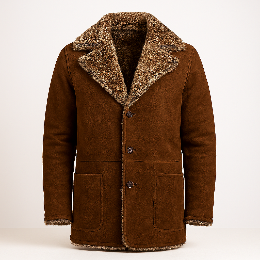 Front View of Men's brown sheepskin shearling coat with faux fur lining