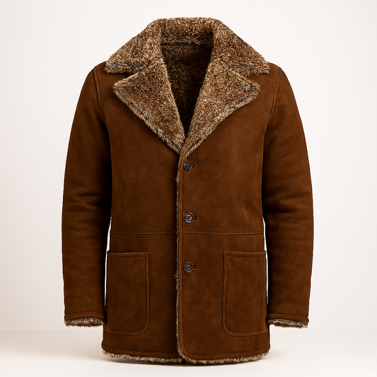 Front View of Men's brown sheepskin shearling coat with faux fur lining