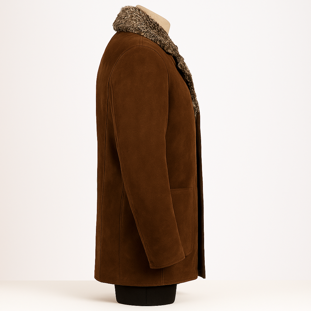 Side view of men's brown sheepskin shearling coat featuring fur collar and minimalist seam design.