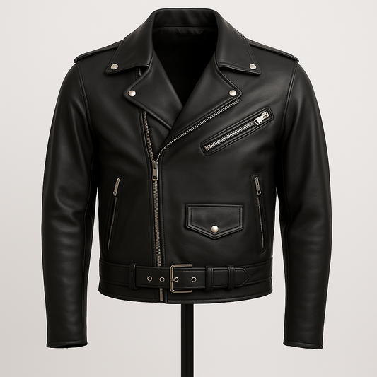 Front view of RebelCore black lambskin moto biker jacket.