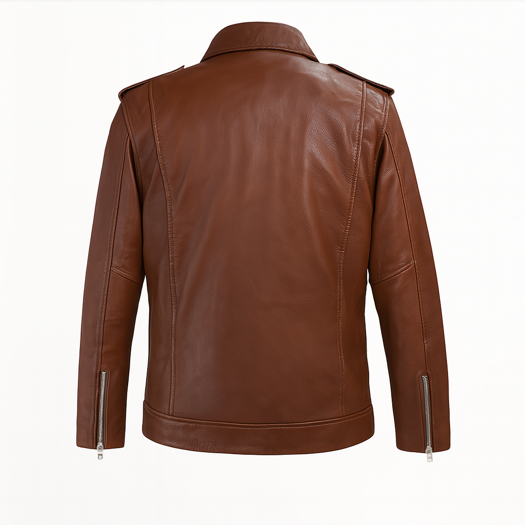 Midnight Rebel Moto Jacket back view in classic brown leather.