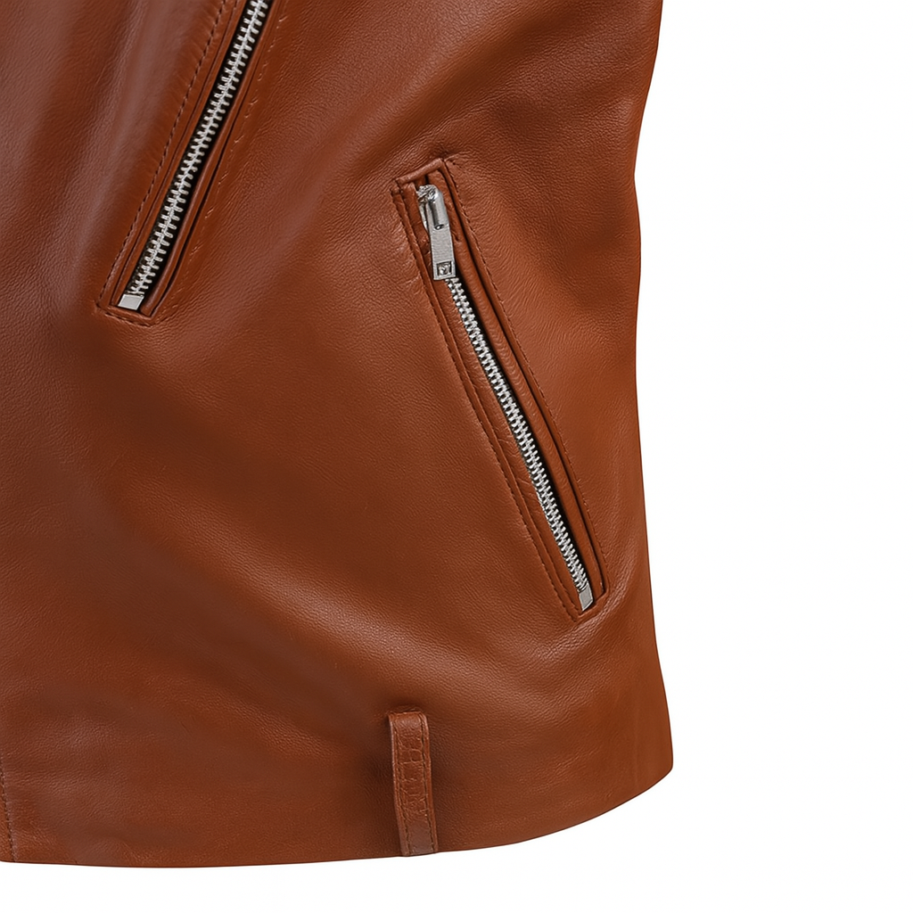 Midnight Rebel Moto Jacket close-up of lower front pocket zipper.