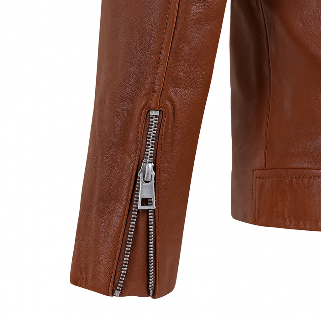Midnight Rebel Moto Jacket close-up of sleeve zipper detail.