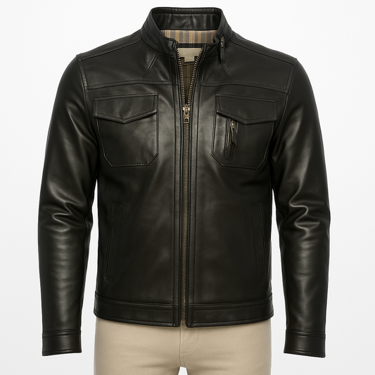 Rogue Raven black lambskin biker jacket, front view with flap pockets.