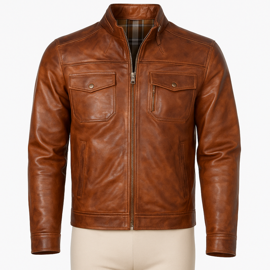 Rogue Raven Lambskin Biker Jacket in brown, front view with flap pockets.