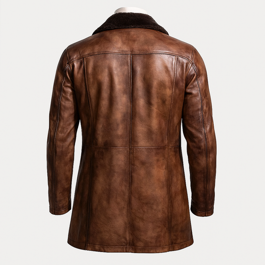 Back view of distressed brown sheepskin leather car coat with faux shearling collar.