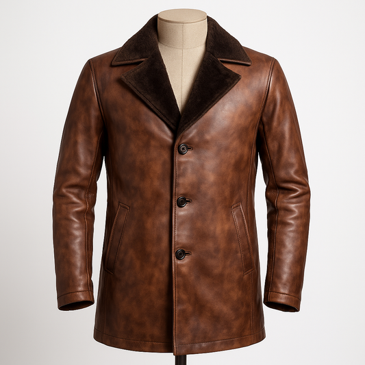 Front view of Distressed brown sheepskin leather car coat with faux shearling lining