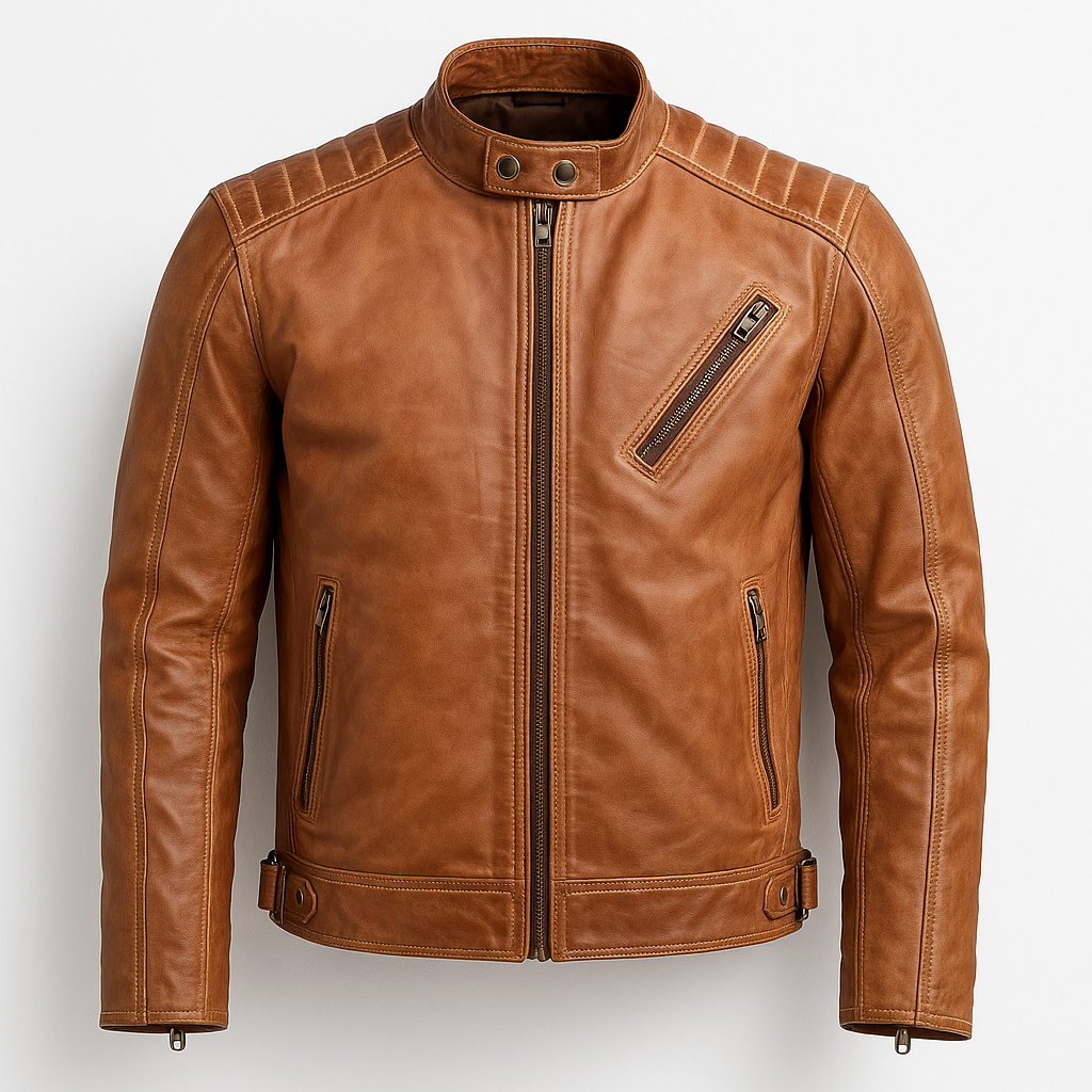 Front view of RustCraft lambskin vintage leather biker jacket.