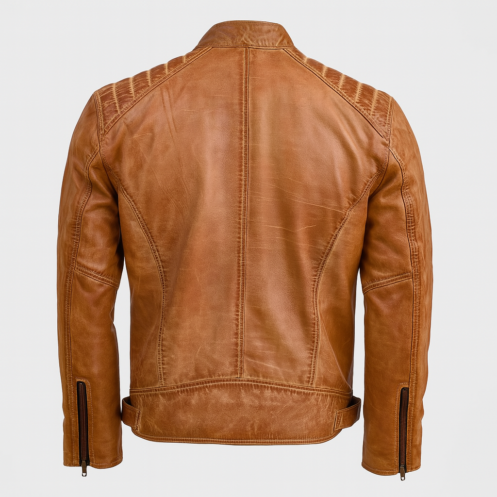 Back view of RustCraft vintage lambskin leather biker jacket.