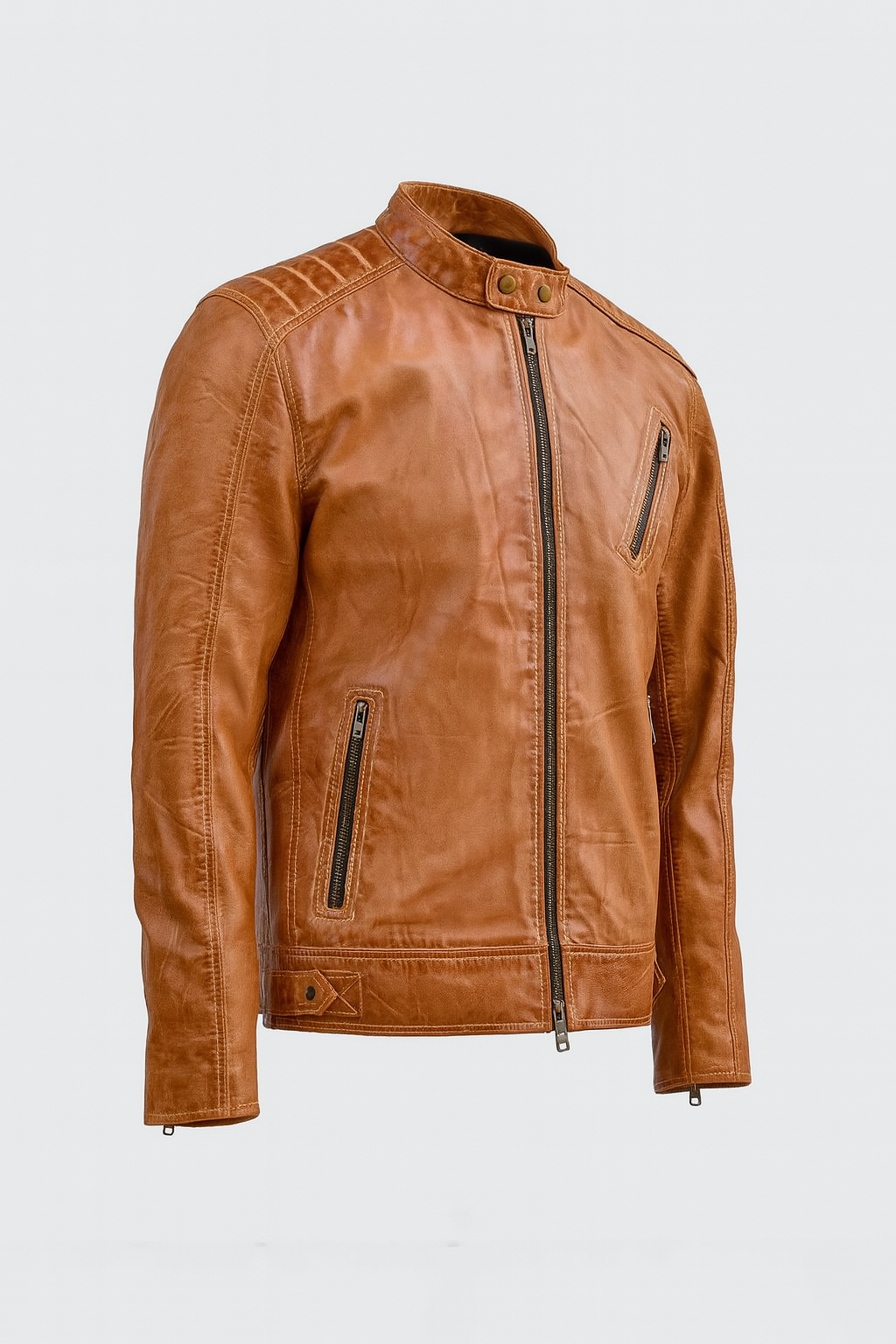 Side view of RustCraft lambskin vintage leather biker jacket.