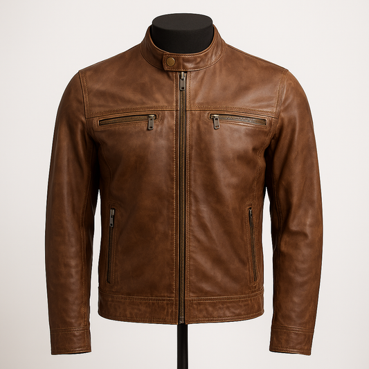 Front view of RustHawk distressed brown leather café racer jacket.