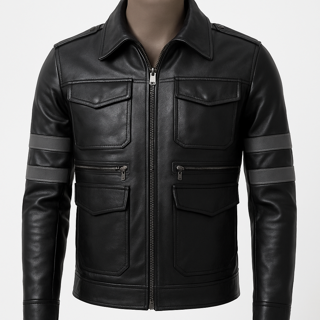 Front view of ShadowLine tactical black leather jacket with utility pockets.