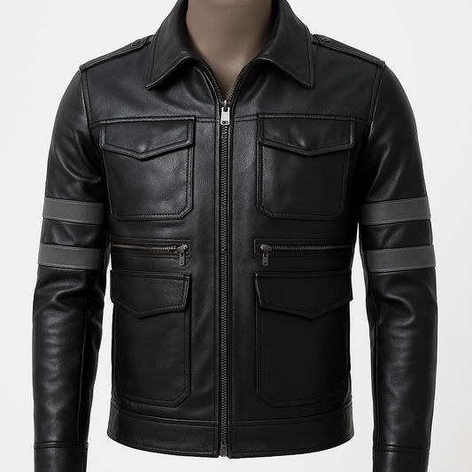 Front view of ShadowLine tactical black leather jacket with utility pockets.
