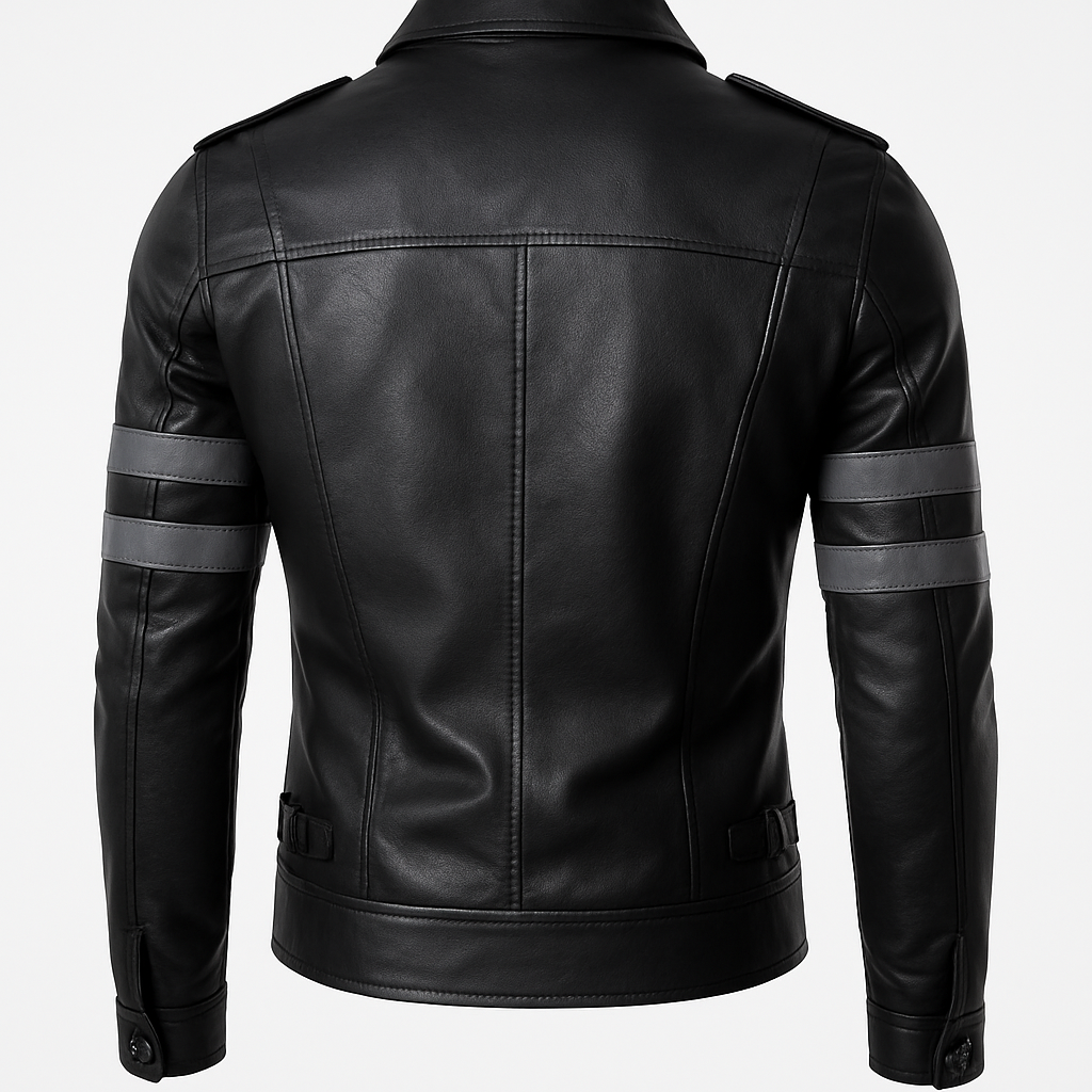 Back view of ShadowLine tactical leather jacket with grey arm stripes.