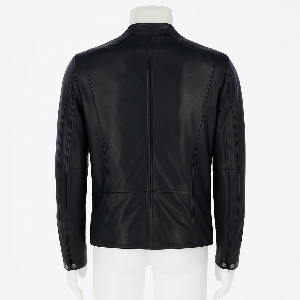 SlateEdge Men’s Lambskin Jacket in black, back view, clean modern finish.