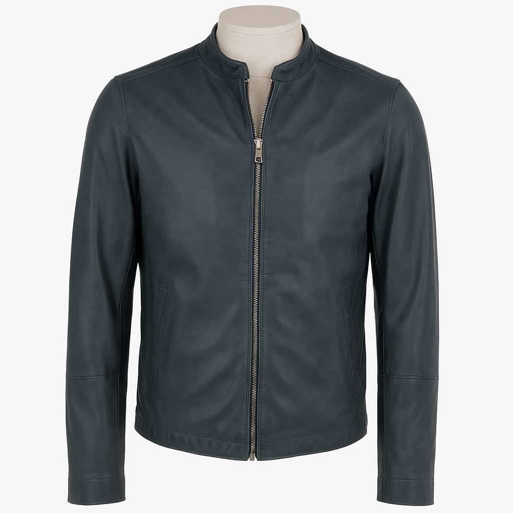 SlateEdge Men’s Lambskin Jacket in blue, front view, clean modern style.