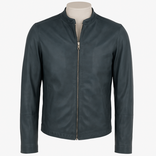 SlateEdge Men’s Lambskin Jacket in blue, front view, clean modern style.