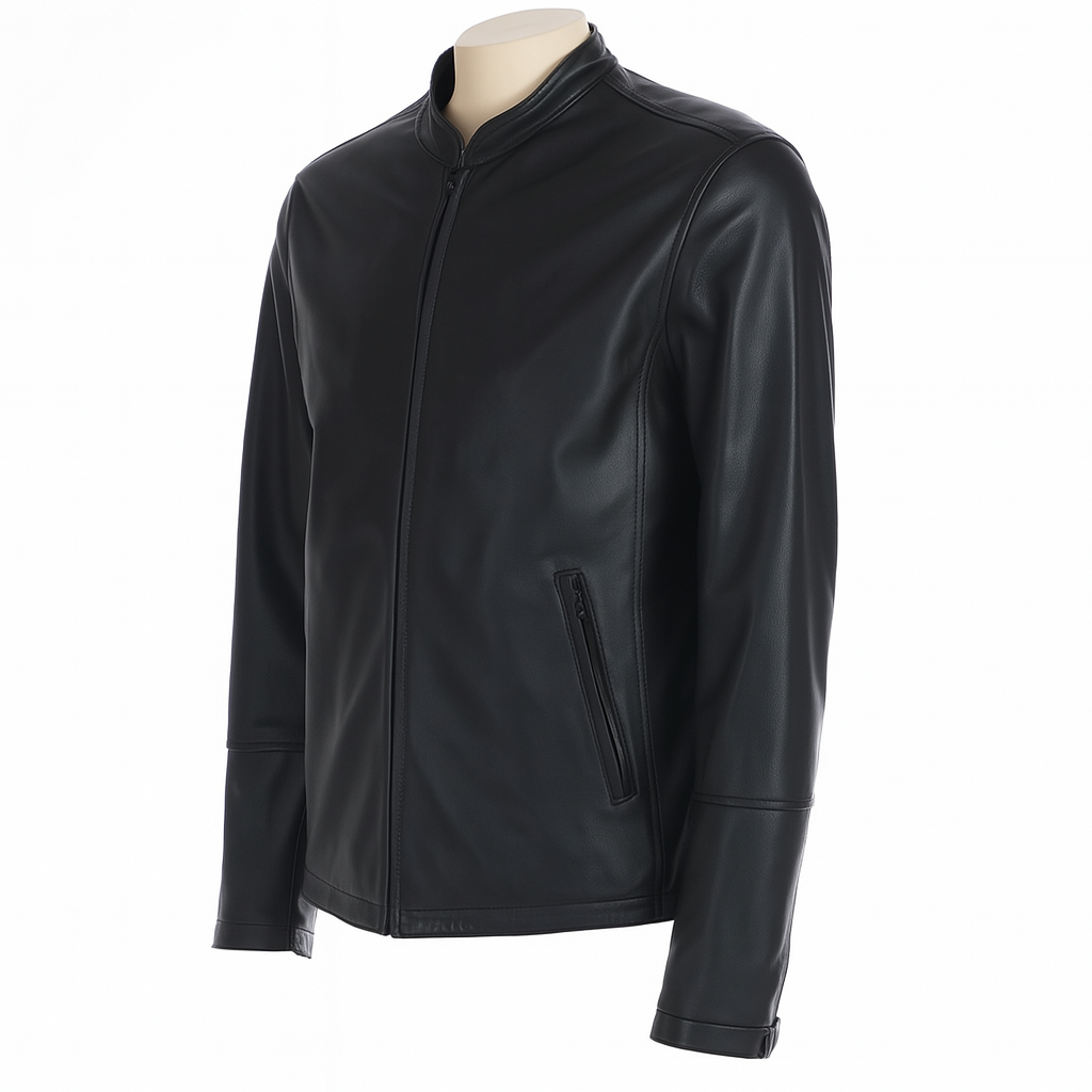 SlateEdge Men’s Lambskin Jacket in black, side view, sleek minimalist design.