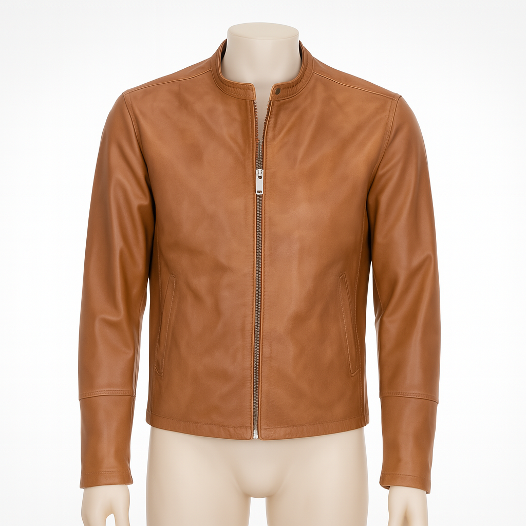 SlateEdge Men’s Lambskin Jacket in tan, front view, sleek minimalist design.