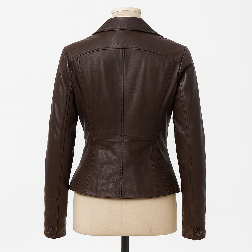 The Astoria lambskin leather blazer, back view in dark brown.