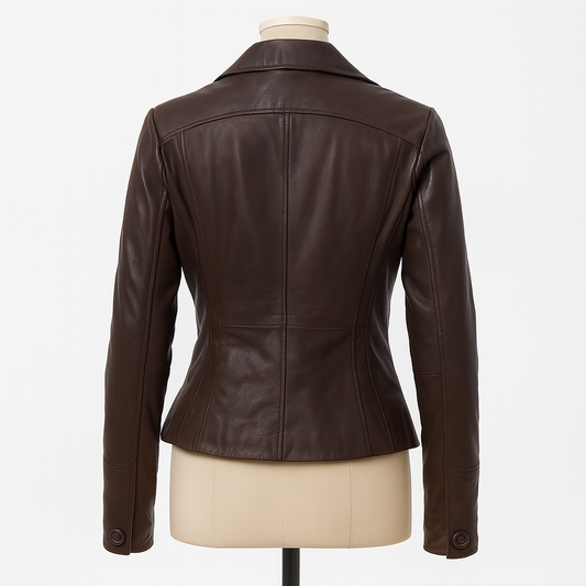 The Astoria lambskin leather blazer, back view in dark brown.