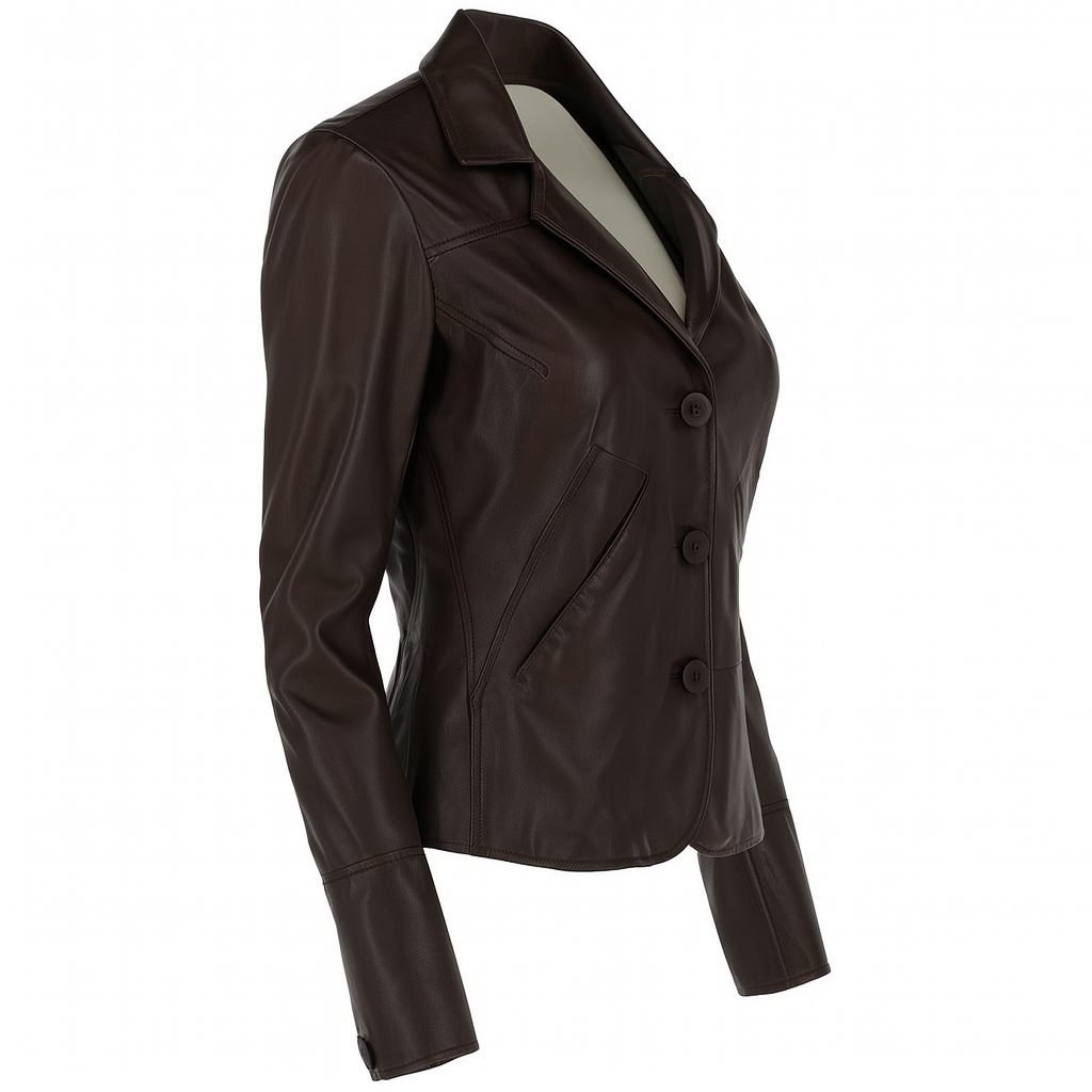 The Astoria tailored lambskin leather blazer, side view in dark brown.