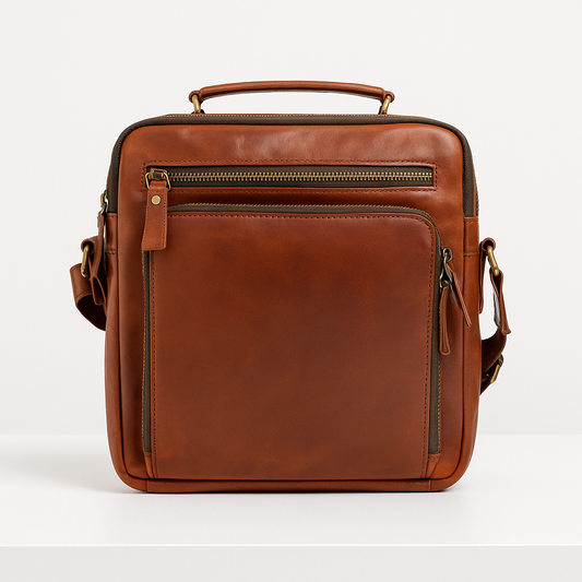 Front view of The Camden Crossbody with dual zippered pockets