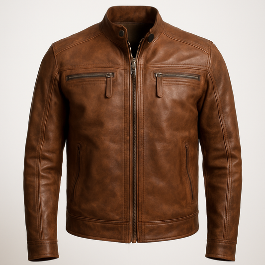 Front view of men’s brown lambskin café racer leather jacket.