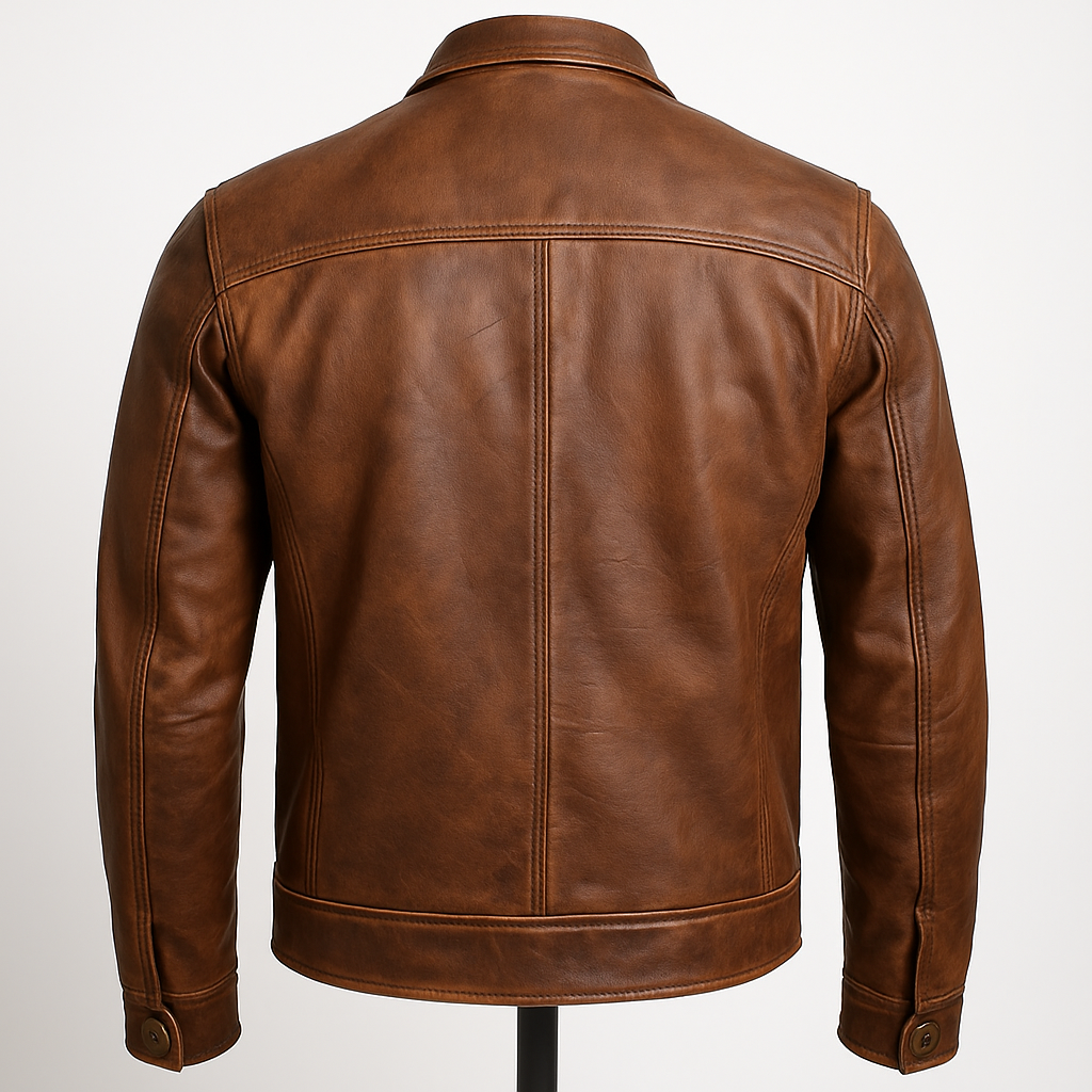 Back view of men’s brown lambskin café racer leather jacket.