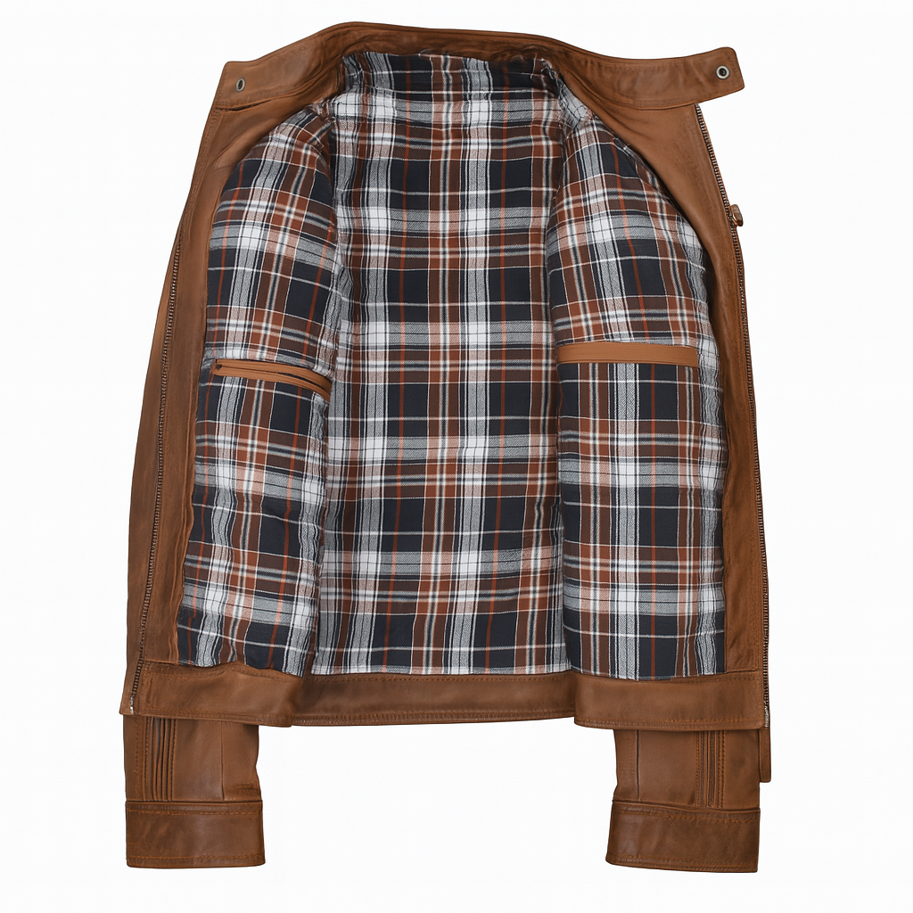 Open view of men’s brown lambskin leather jacket with plaid lining.
