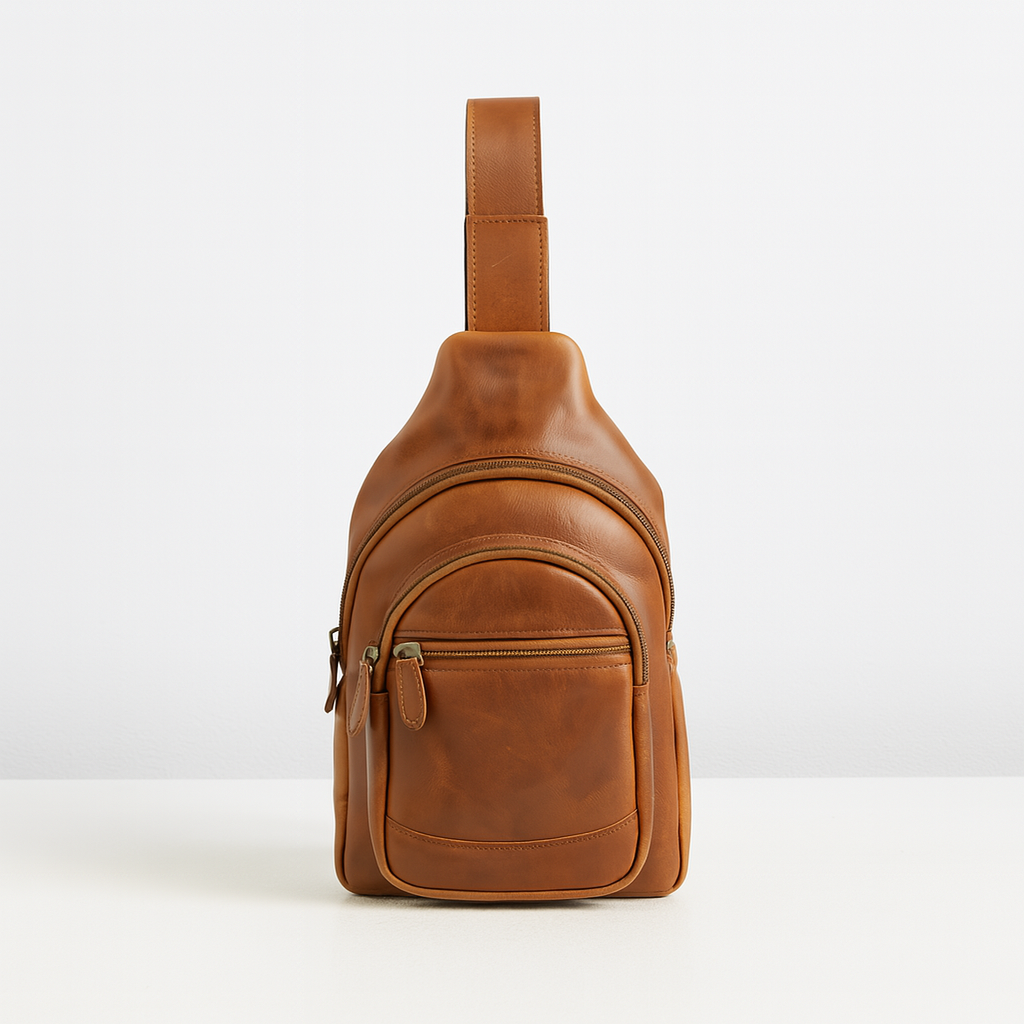 Front view of tan leather sling backpack with three zippered compartments and smooth curved top, displayed against white background
