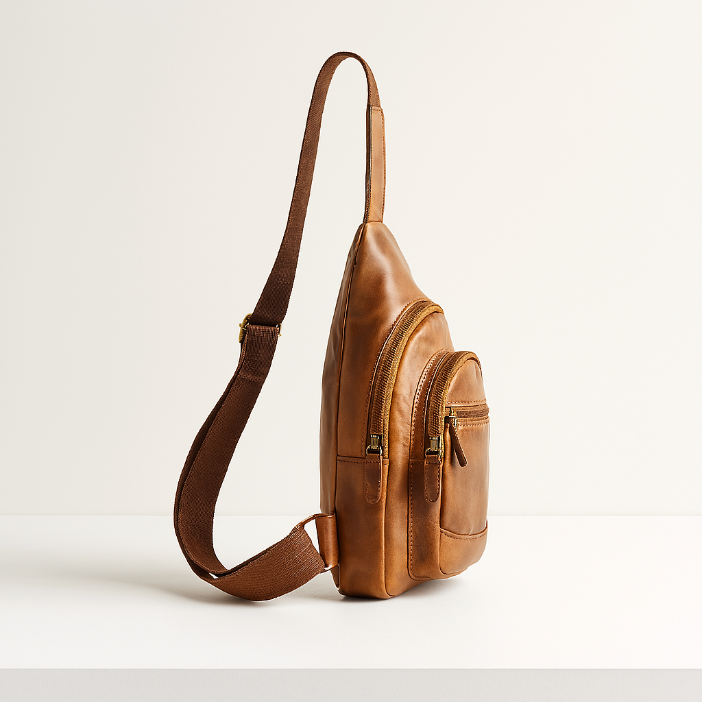 Side profile of tan leather sling backpack with three gold-tone zippered compartments and adjustable brown strap