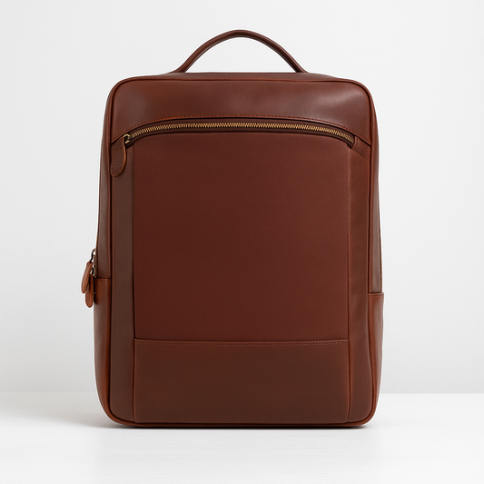 Front view of structured brown leather backpack with curved top zipper pocket