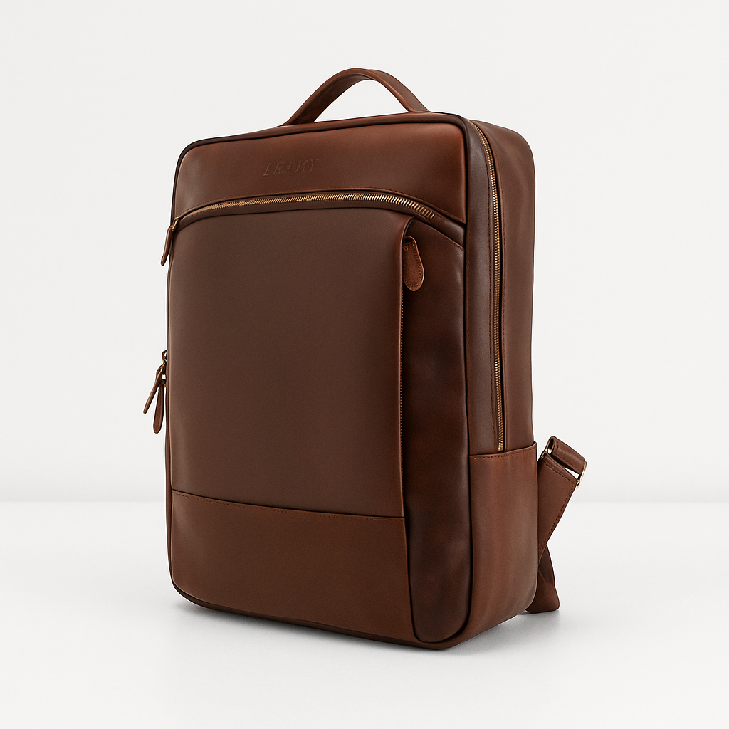 Side view of sleek brown leather backpack with curved zippered front pocket