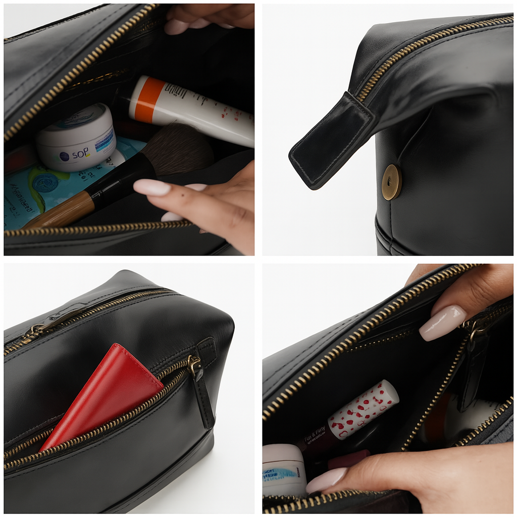 Interior and detail views of black leather toiletry bag with gold accents