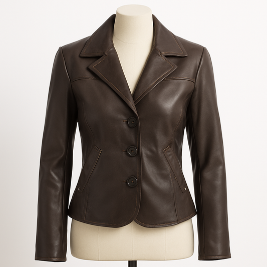 Verona Classic lambskin leather blazer, front view in chocolate brown.